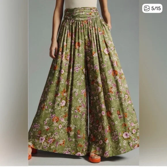 Anthropologie Olive Floral Wide-Leg Pants - Picture 2 of 8